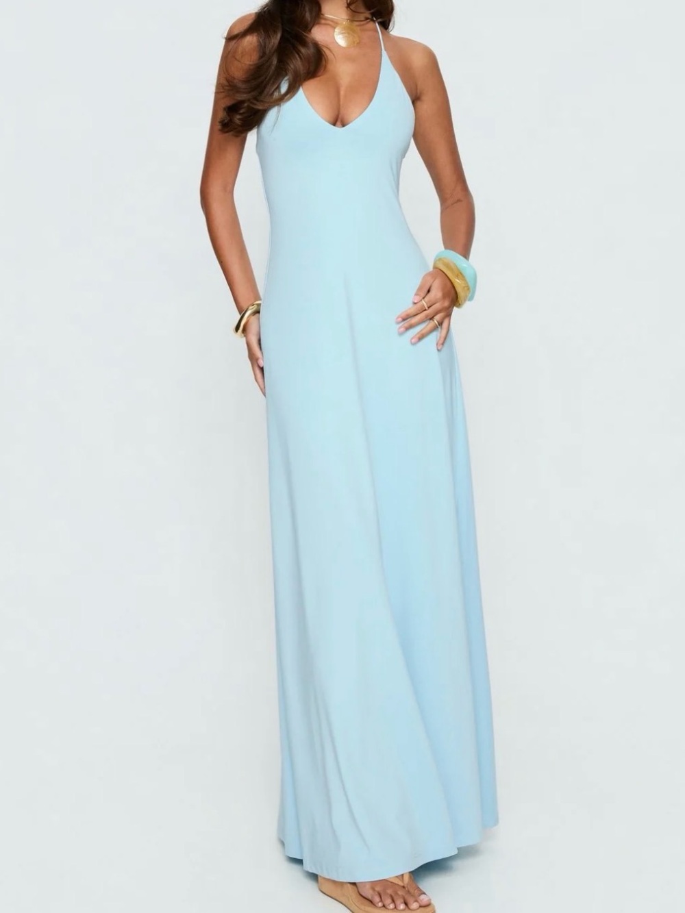 Light Blue V-Neck Halter Maxi Dress